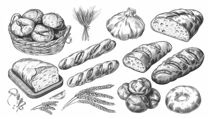 
Farm wheat concept. Baking bread, food collection. Hand drawn bakery sketch illustration set 3d avatrs set vector icon, white