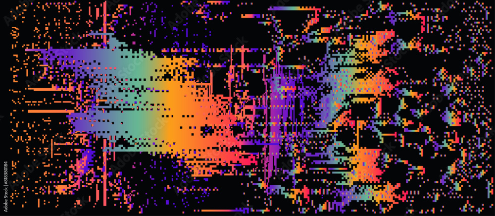 Aufkleber Dark background with distorted pattern of decaying neon pixels. Vector illustration in 8-bit glitch art style.