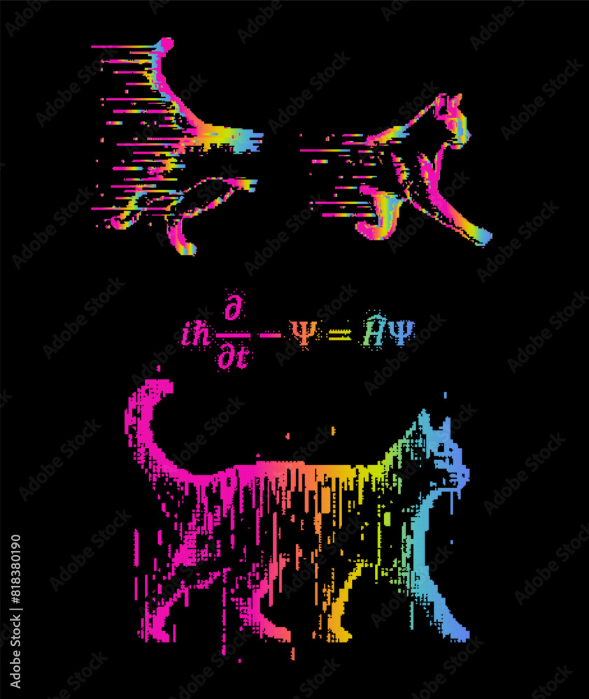 Poster vector illustration of schrodinger's cat in pixel art futuristic style and neon colors. concept of v