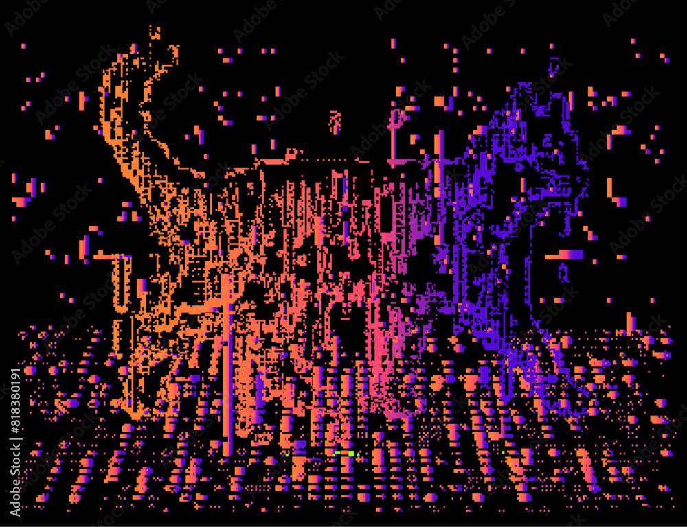 Poster Pixel art futuristic style vector illustration of a cat silhoutte moving in and through visual noise and glitches of different colors. Concept of the virtual reality and computer simulation.