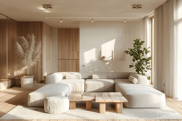 Modern interior Japandi style design Livingroom. Lighting and sunny Scandinavian apartment with plaster and wood. 3d render illustration
