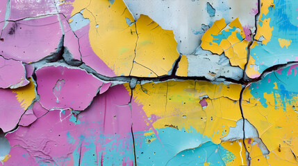 Fragment of old plaster wall with graffiti painting. Part of colorful street art graffiti on wall background. Youth, urban culture. Yellow, purple magenta, light blue colors PHOTOGRAPHY


