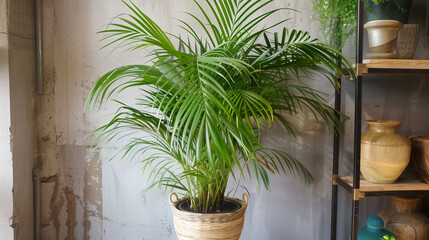 Areca Palm in Decorative Pot in Rustic Home Setting