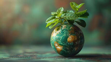 A small plant grows on top of a globe