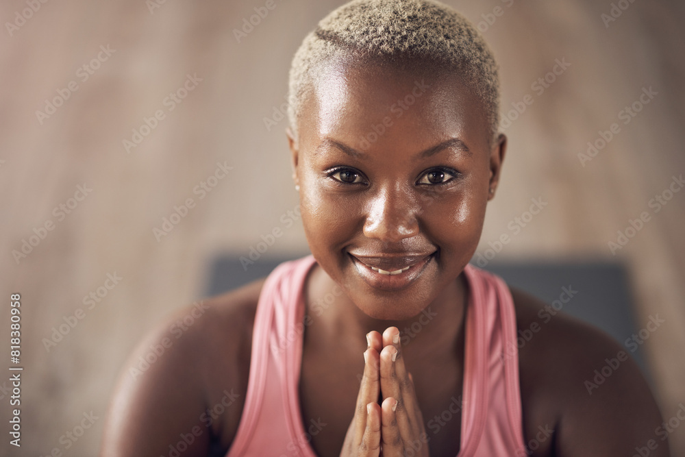 Sticker Portrait, black woman and prayer hands for yoga, meditation and breath work in wellness studio. Smile, face and relax for calm female person and training, holistic and spiritual energy for balance