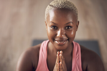 Portrait, black woman and prayer hands for yoga, meditation and breath work in wellness studio....