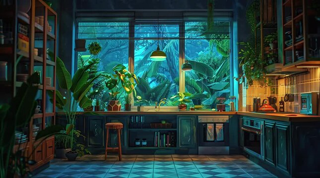 Chic mini bar setup with a stylish window view and vibrant tropical plant, epitomizing modern elegance and relaxation
 Seamless looping 4k time-lapse virtual video animation background. Generated AI