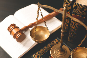 Justice Scales, books and wooden gavel