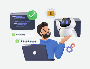 Maker Culture concept A man with a robot 3D illustration. Future of coding and robotics, a blend of technology and human