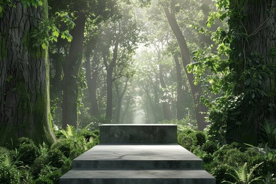A blank podium showcase with a model of a forest pathway leading to a bright clearing