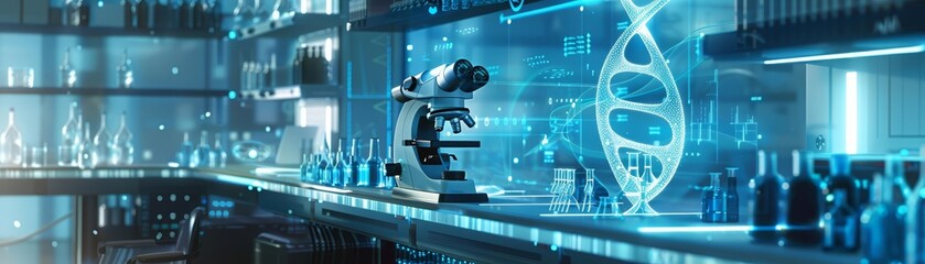 A futuristic laboratory with a holographic DNA strand glowing in blue