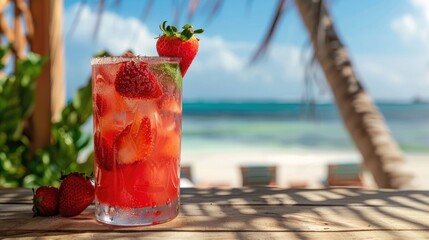 Photo a strawberry cocktail with ice is on the bar against the background of a tropical beach