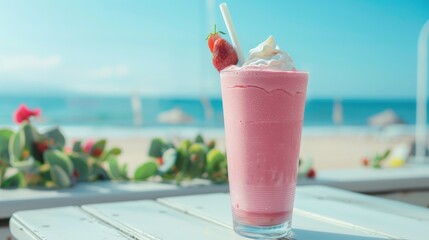 A cold strawberry milkshake with a straw. The drink is on a table outdoors by the ocean