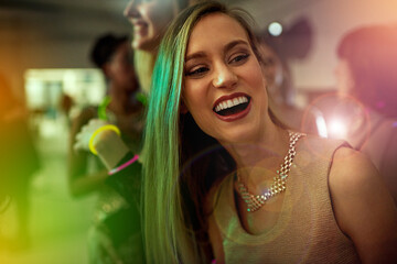 Smile, lights and woman in nightclub for fun, music or happy weekend party at social event....