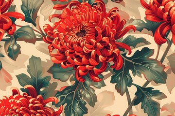 Illustration of a red chrysanthemum pattern with intricate, curling petals and green leaves on the background.