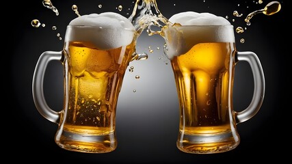 Isolated on translucent background, two beer mugs toasting and making a splash; remove png, clipping path, pen tool, white