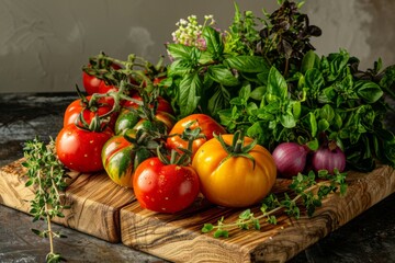 Food ingredients tomatoes and vegetables on wooden cutting board