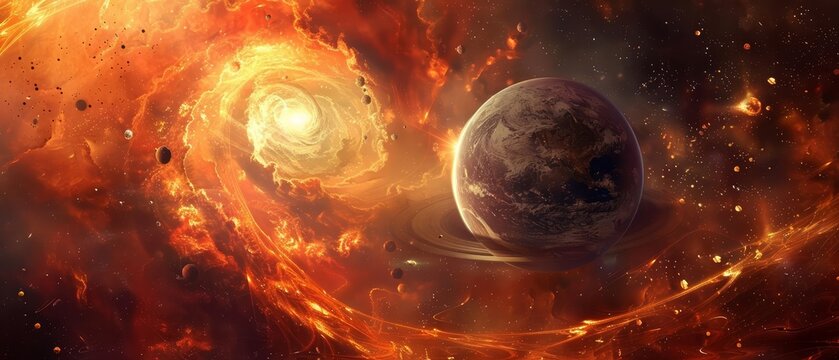 A surreal scene featuring two planets in the midst of a cosmic explosion