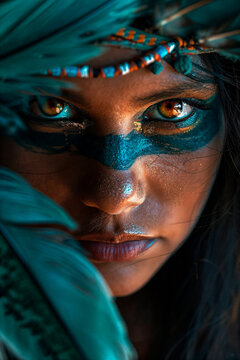 Woman with blue makeup and feathers on face. Generative AI
