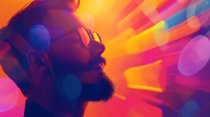 A bearded man wearing glasses is bathed in vibrant neon lighting, creating a dynamic and colorful aura around his profile - Generative AI