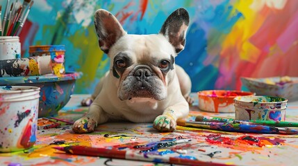 A French bulldog sits in an art studio, surrounded by colorful paint and brushes