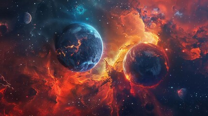 A topview image of two planets amidst a fiery cosmic landscape
