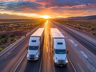 Obraz premium A topview image of two semitrucks driving on an open highway at sunset, with a copy space in the middle for text, showcasing their sleek designs and the dramatic, glowing sky