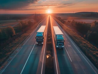 Obraz premium A topview image of two semitrucks driving on an open highway at sunset, with a copy space in the middle for text, showcasing their sleek designs and the dramatic, glowing sky