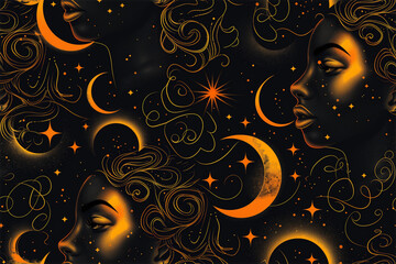 Luxury wallpaper pattern with celestial black woman and golden accents for elegant backdrop