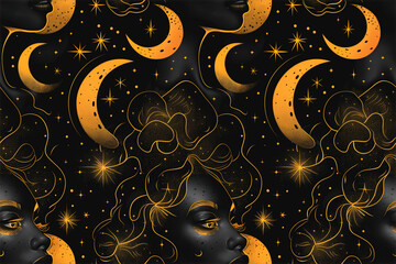 Elegant wallpaper pattern with black woman, celestial motifs, and luxury golden accents for a chic backdrop