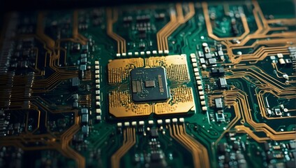 Fototapeta premium Advanced Technology Concept Visualization: Circuit Board CPU Processor Microchip Starting Artificial Intelligence Digitalization of Neural Networking and Cloud Computing. Digital Lines Move Data.