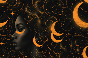 Luxurious wallpaper pattern featuring black woman with celestial designs and golden details for an elegant backdrop.