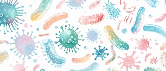 A watercolor clipart of bacteria and microorganisms