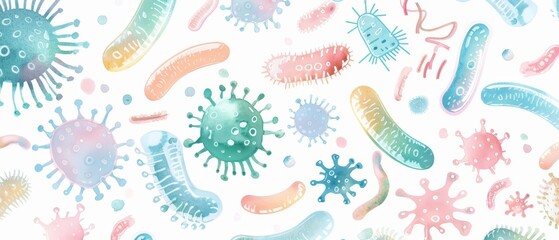 A watercolor clipart of bacteria and microorganisms