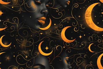 Luxurious backdrop wallpaper pattern featuring black woman with golden celestial accents