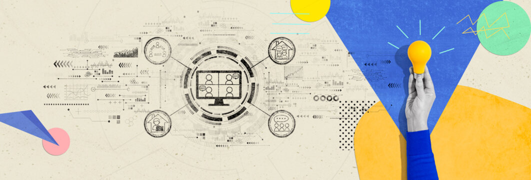 Online meeting theme with person holding a yellow light bulb