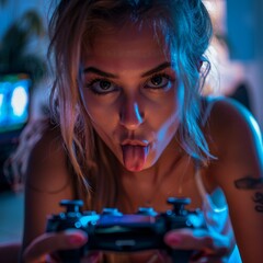 A woman is playing a video game and making a funny face. Scene is lighthearted and playful