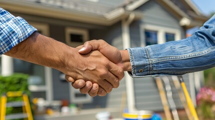 Two men shake hands in front of a house. The man on the left is wearing a blue shirt