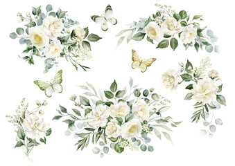 White flowers and green eucalyptus leaves watercolor illustration isolated on transparent background. Creamy roses bouquets, wedding florals