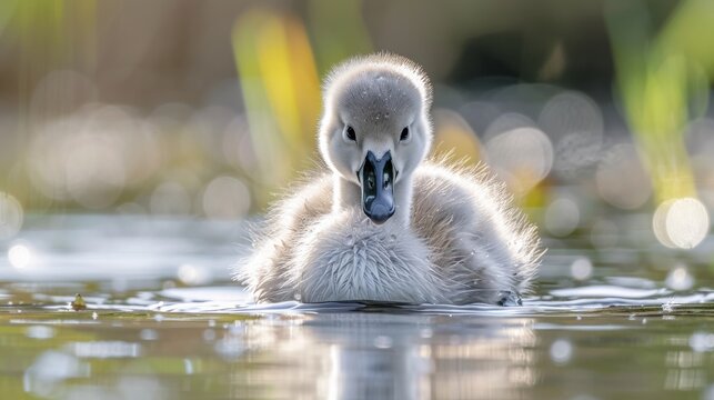 A close up of a young mute swan on a lake