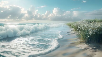 Gentle Waves on Sunny Beach,Gentle waves wash onto a sunny beach under a clear blue sky, creating a peaceful and refreshing seaside atmosphere.

