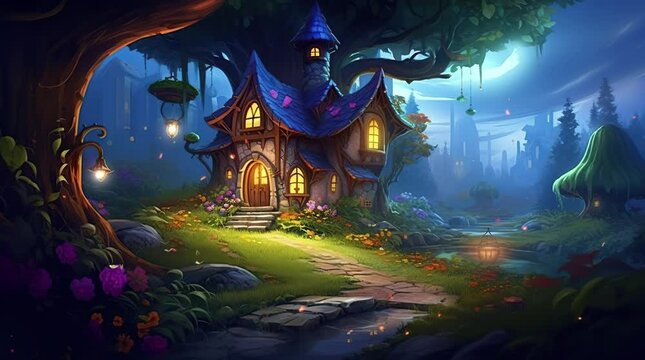 Magical fantasy house illuminated in a glowing forest at night
Seamless looping 4k time-lapse virtual video animation background. Generated AI