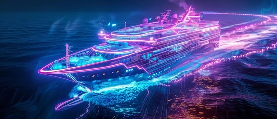 An innovative cruise ship navigating through a vibrant neonlit sea