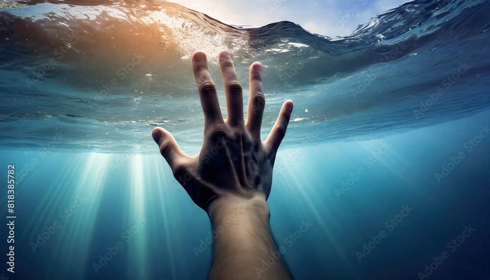 Wall mural hand reaching out from beneath the water surface towards the light, with beams filtering through the