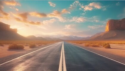 A straight highway extends through a scenic desert landscape at sunset.