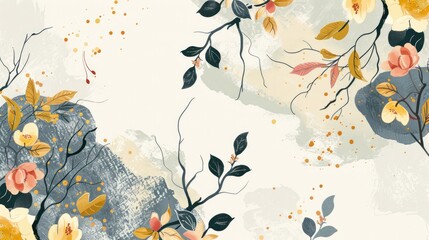 Modern illustration of vintage floral pattern in Japanese style. Floral branch with leaves 