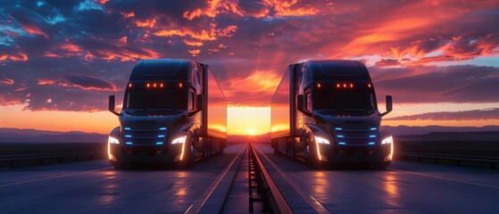 Two futuristic semitrucks side by side on an open highway at sunset