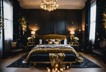 Beautiful christmas black and gold wedding bedroom facing facing forward