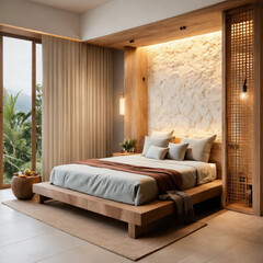 light wood interior view of cool king bed with efficient custom made backlit pantry