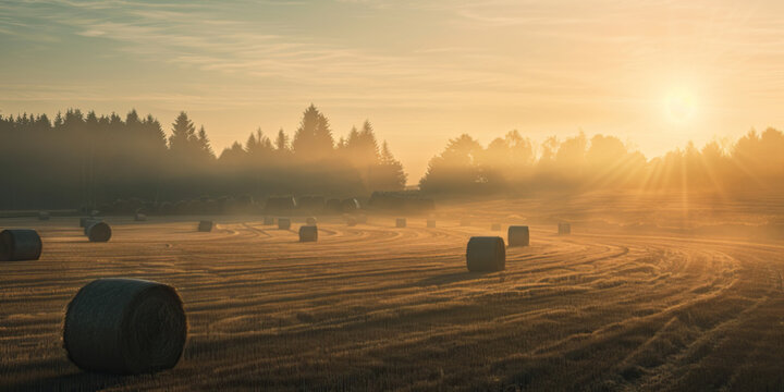 Peaceful rural sunrise over a field dotted with hay bales, the early morning light casting long shadows and warming the chilled air